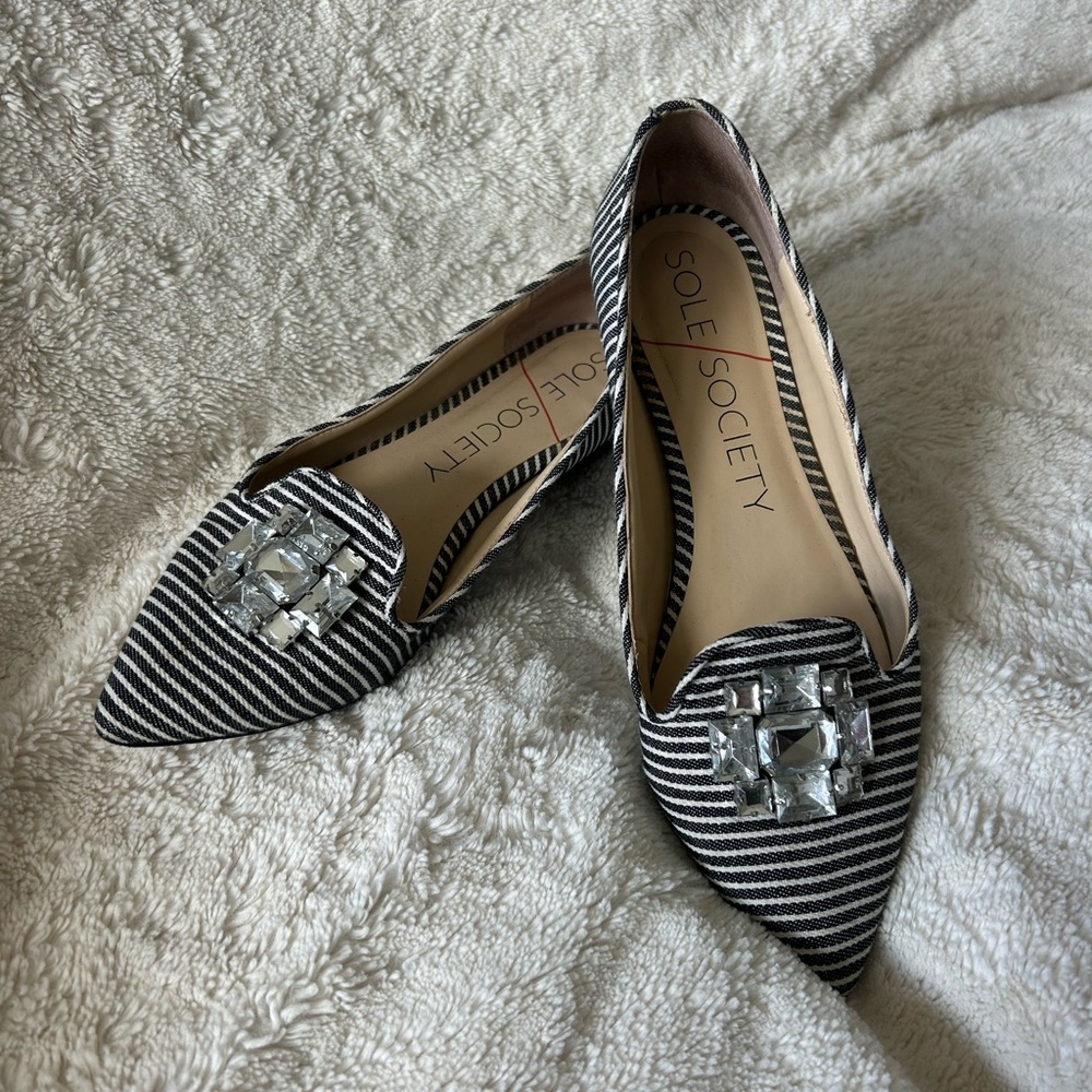 Sole Society Black & White Striped Pointed Toe Flats with Crystal Accent
